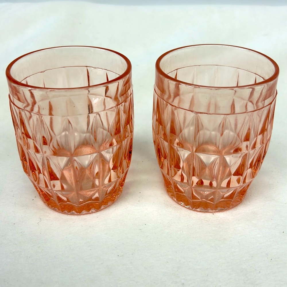 Vintage pair of  diamond cut “JEANETTE GLASS” pink depression glass tumblers…